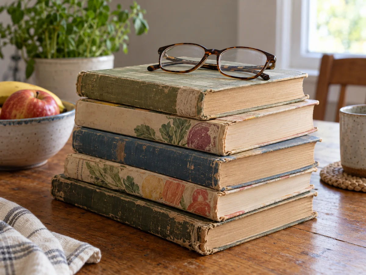 A stack of worn diet books on a kitchen table with reading glasses on top