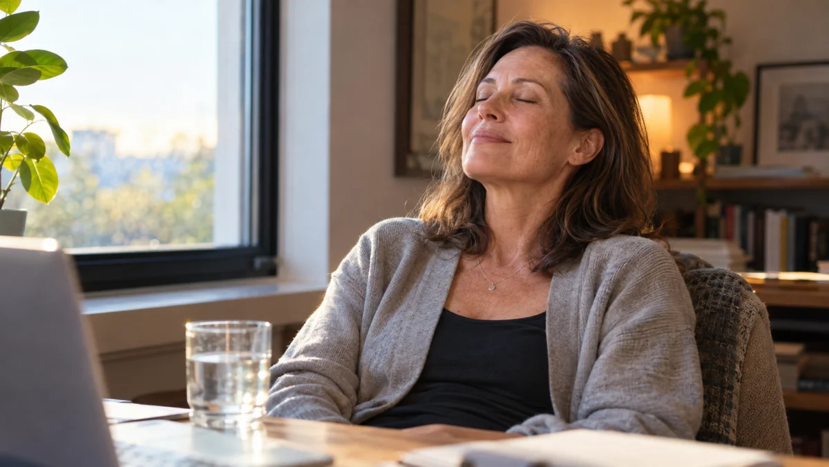 A woman in her fifties sitting by a window with her eyes closed, exhaling