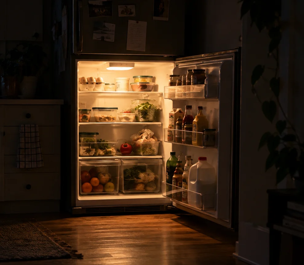 An open refrigerator at night lighting a dark kitchen floor