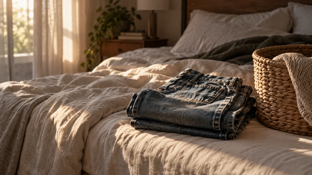 A folded pair of worn jeans on the end of a bed in morning light