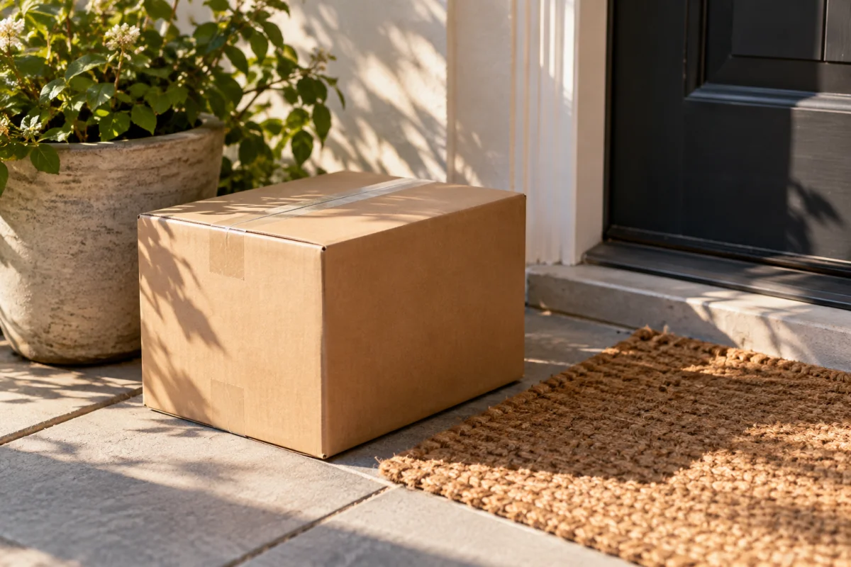 A plain unbranded cardboard box on a doorstep in morning light
