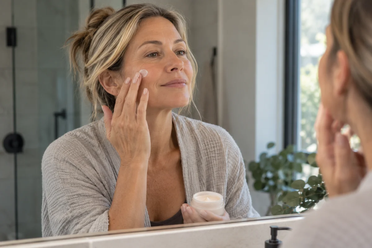A woman in her fifties applying face cream at a bathroom mirror