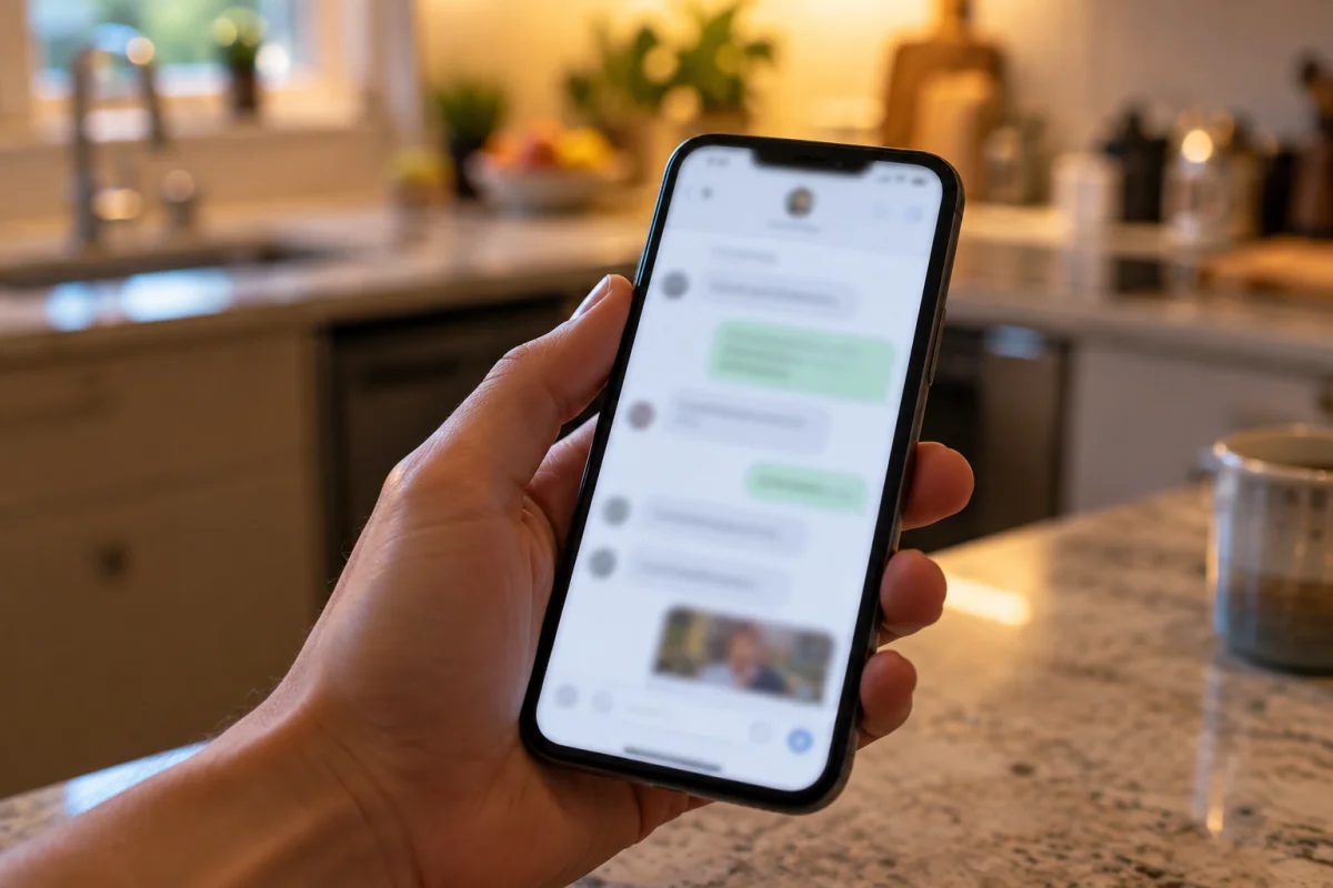 A hand holding a phone showing a message thread with a care team