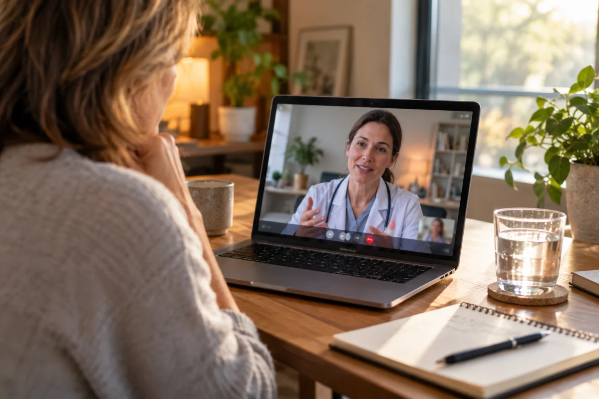 A laptop on a desk showing a video call with a clinician