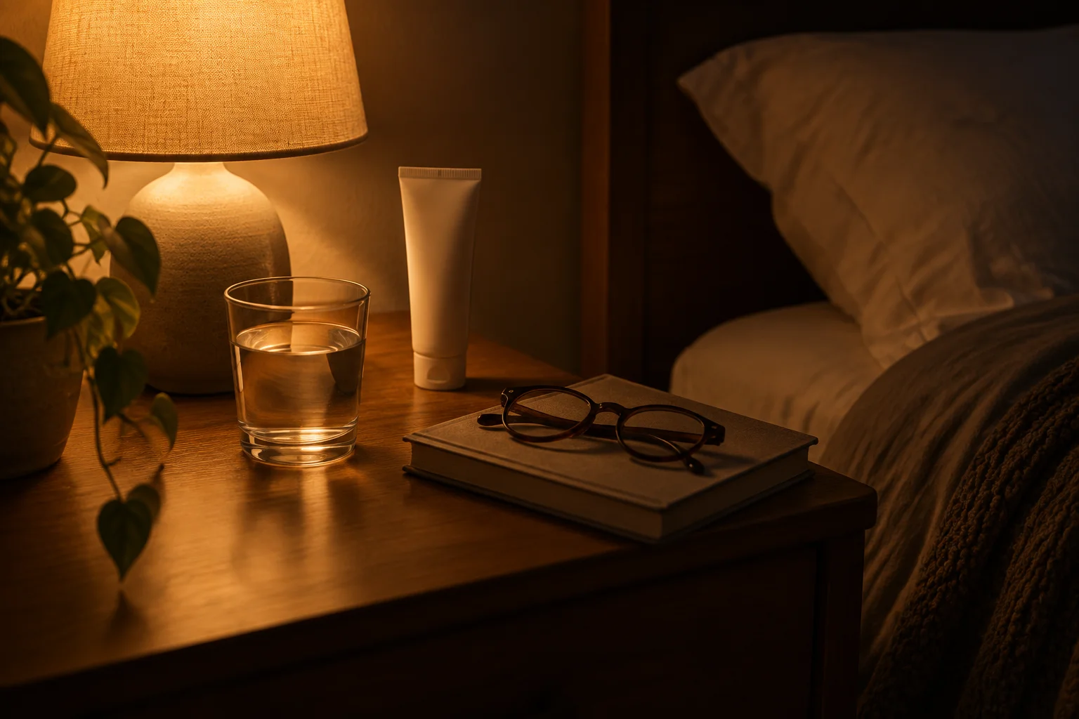 A bedside table at night: lamp, glass of water, the cream tube, reading glasses
