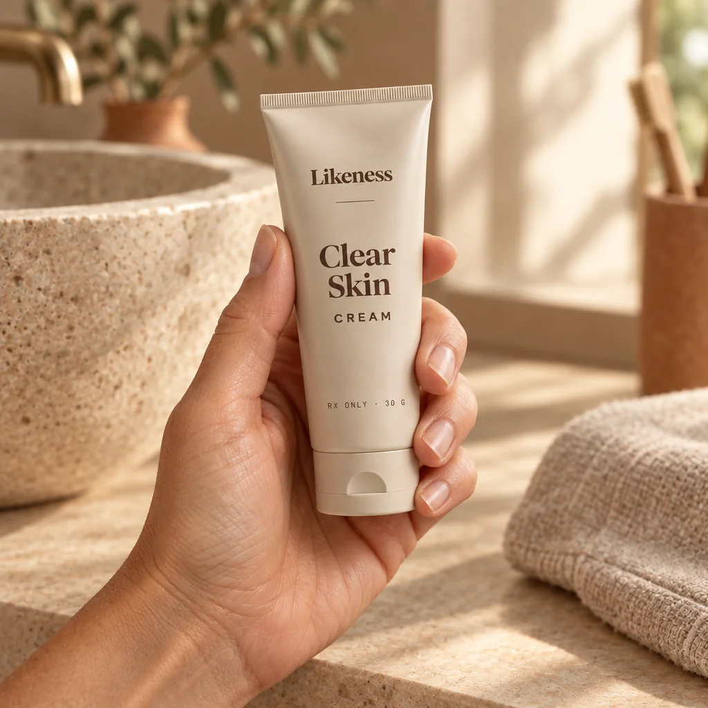 A hand holding a tube of Clear Skin Cream at a bathroom counter