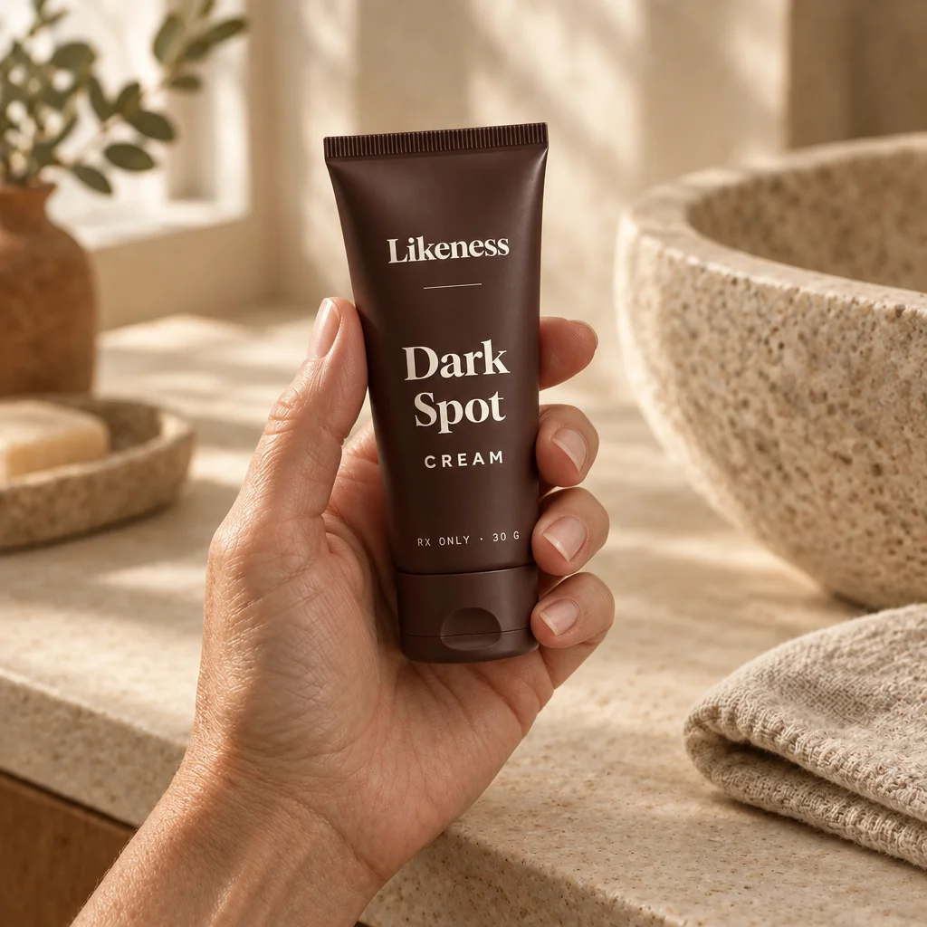 A hand holding a tube of Dark Spot Cream at a bathroom counter