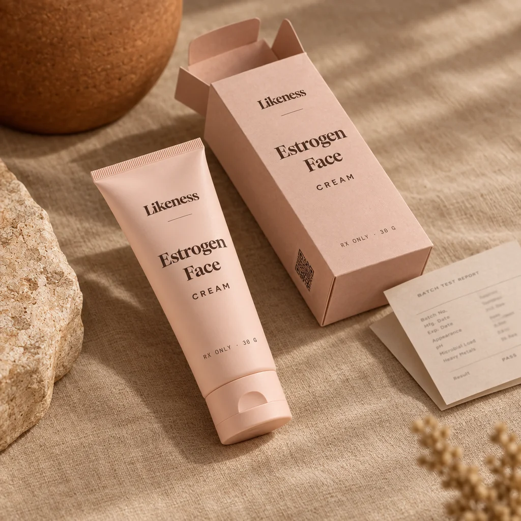 Estrogen Face Cream with its carton and batch test report