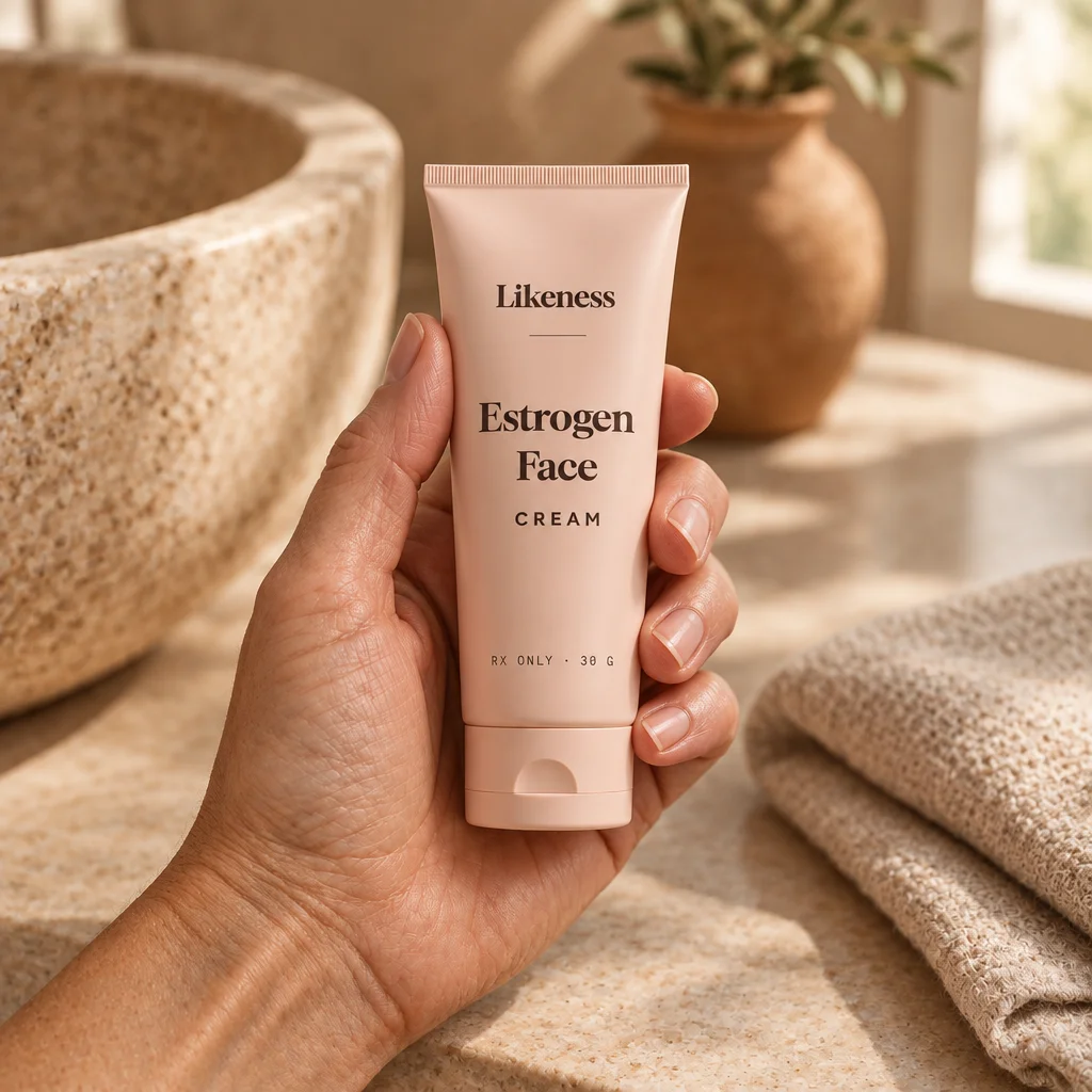 A hand holding a tube of Estrogen Face Cream at a bathroom counter
