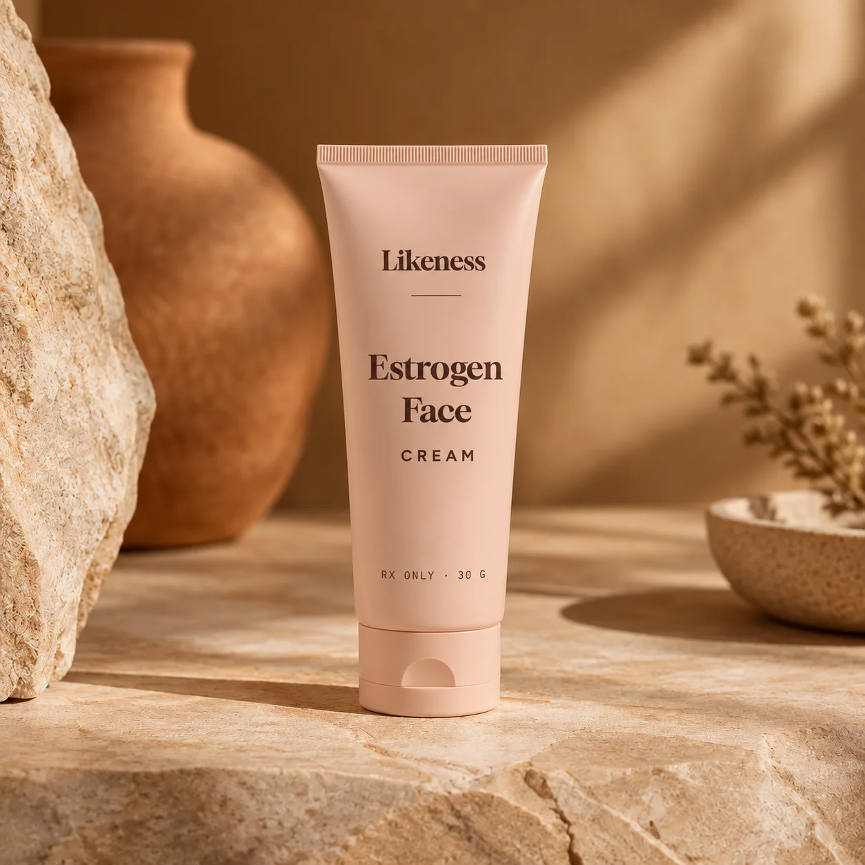 Estrogen Face Cream tube on warm stone
