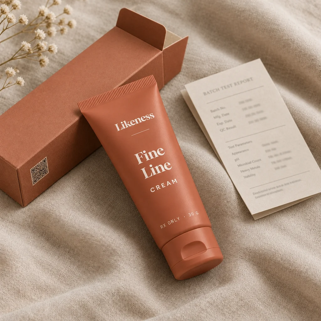 Fine Line Cream with its carton and batch test report