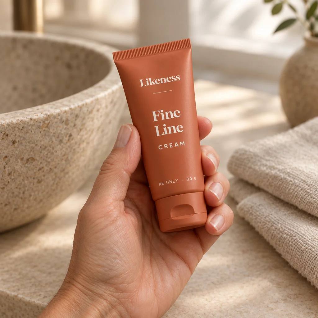 A hand holding a tube of Fine Line Cream at a bathroom counter