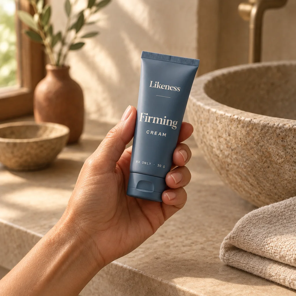 A hand holding a tube of Firming Cream at a bathroom counter