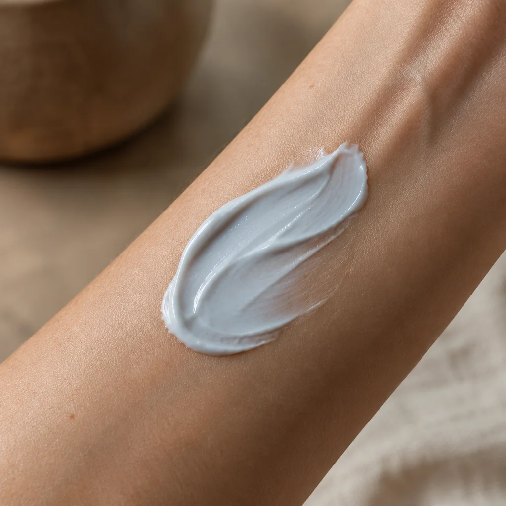 A swatch of Firming Cream, faintly blue from the copper peptide, on the inner forearm