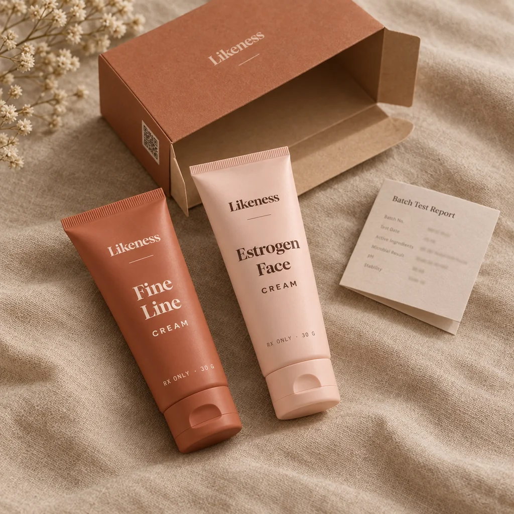 Fine Line Cream and Estrogen Face Cream with their carton and batch test report