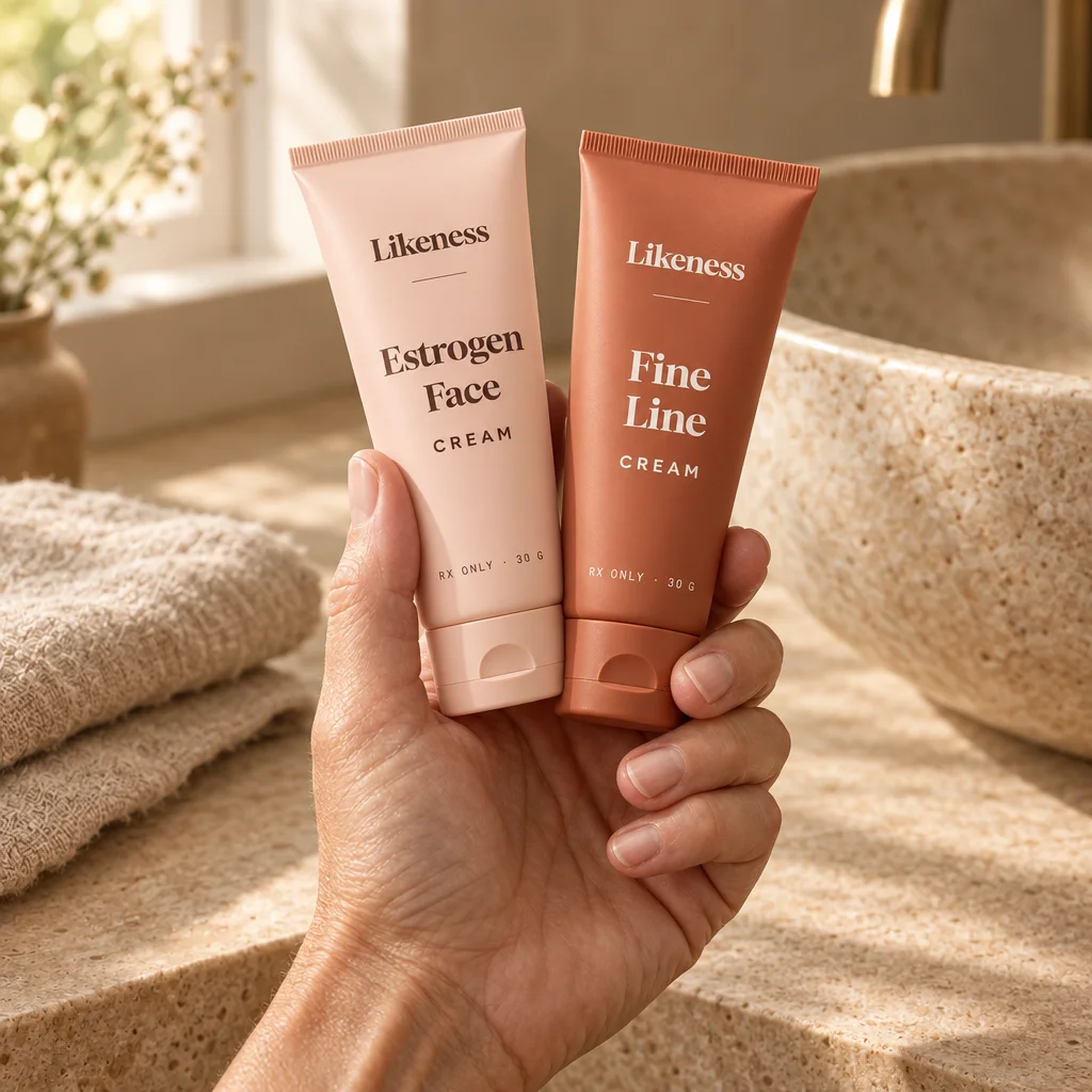 A hand holding Estrogen Face Cream and Fine Line Cream at a bathroom counter