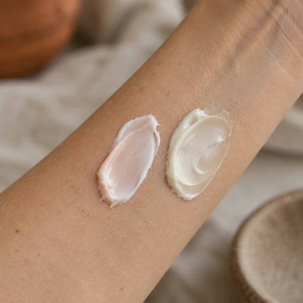 Swatches of Estrogen Face Cream and Fine Line Cream side by side on the inner forearm